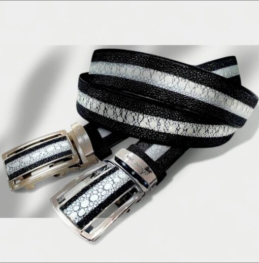 Ceinture de luxe en galuchat noir & blanc – Boucle automatique élégante 3
